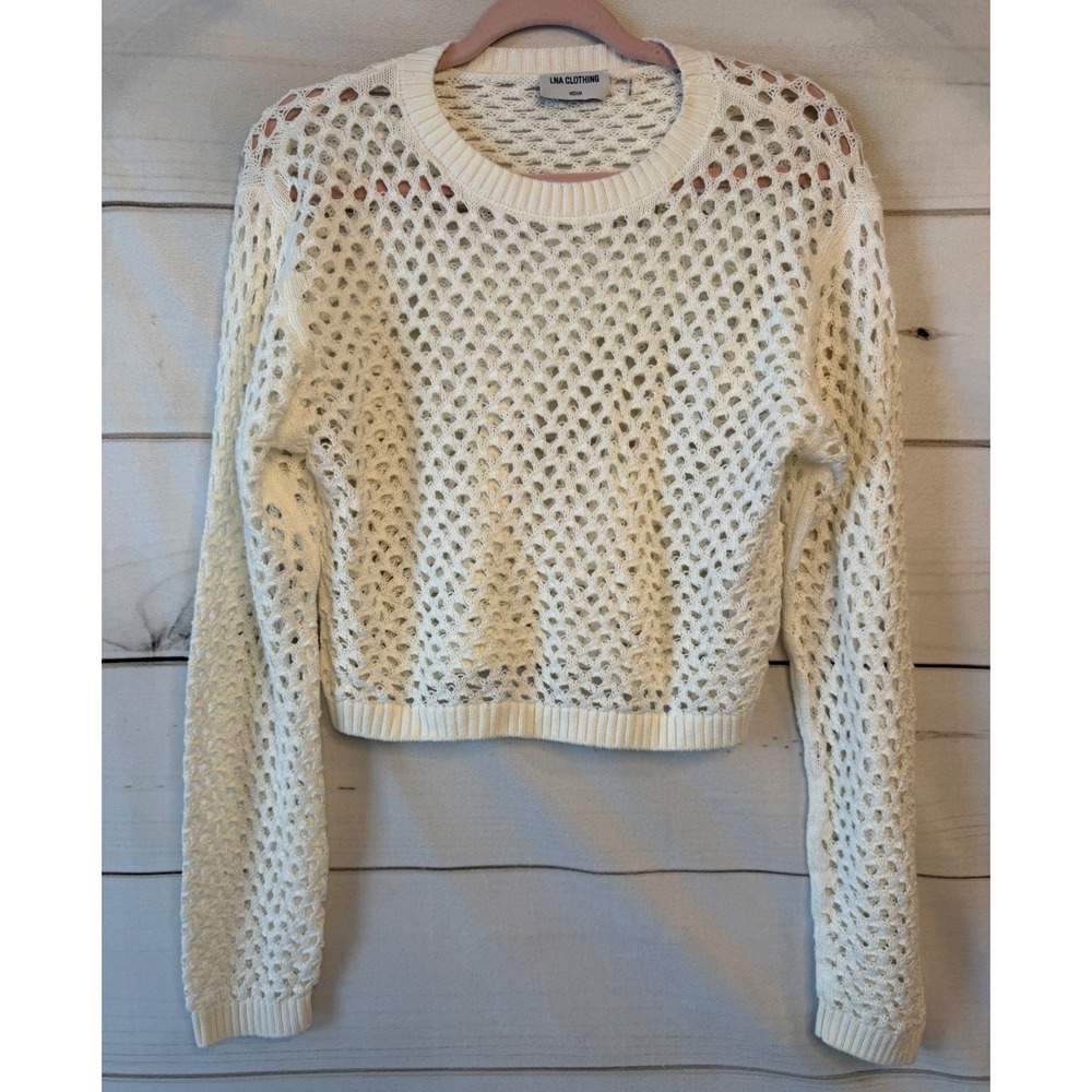 LNA Clothing White Open Knit Crochet Cropped Sweater Long Sleeve Medium
